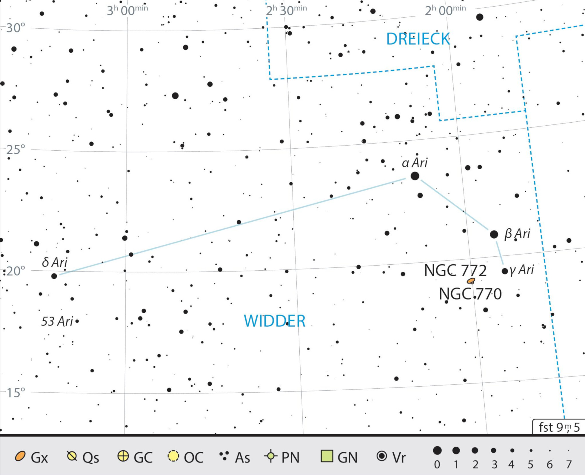 Mapa przeglądowa gwiazdozbioru Barana z polecanymi celami obserwacyjnymi.