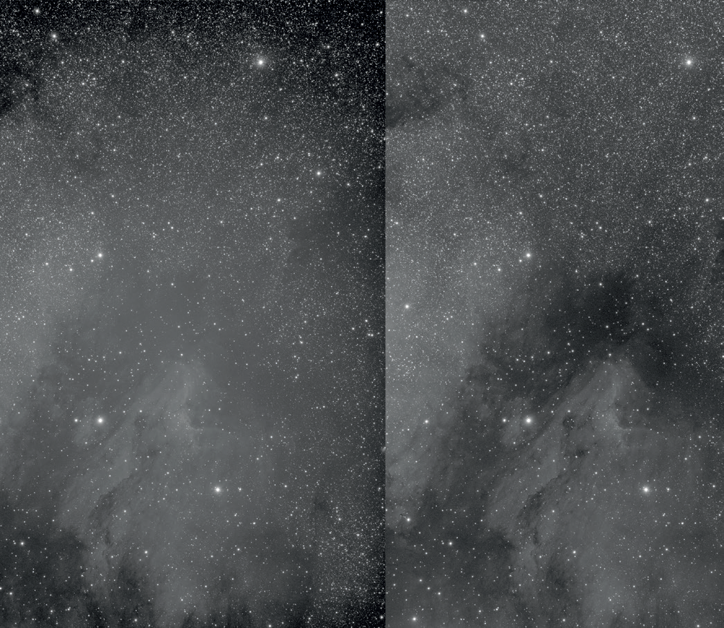 Obraz CCD mgławicy Pelikan o wzmocnionym kontraście przed (po lewej) i po korekcji flatem (po prawej). Widoczność struktur i ciemnych obłoków wyraźnie się poprawiła, a ciemne narożniki zniknęły. M.Weigand