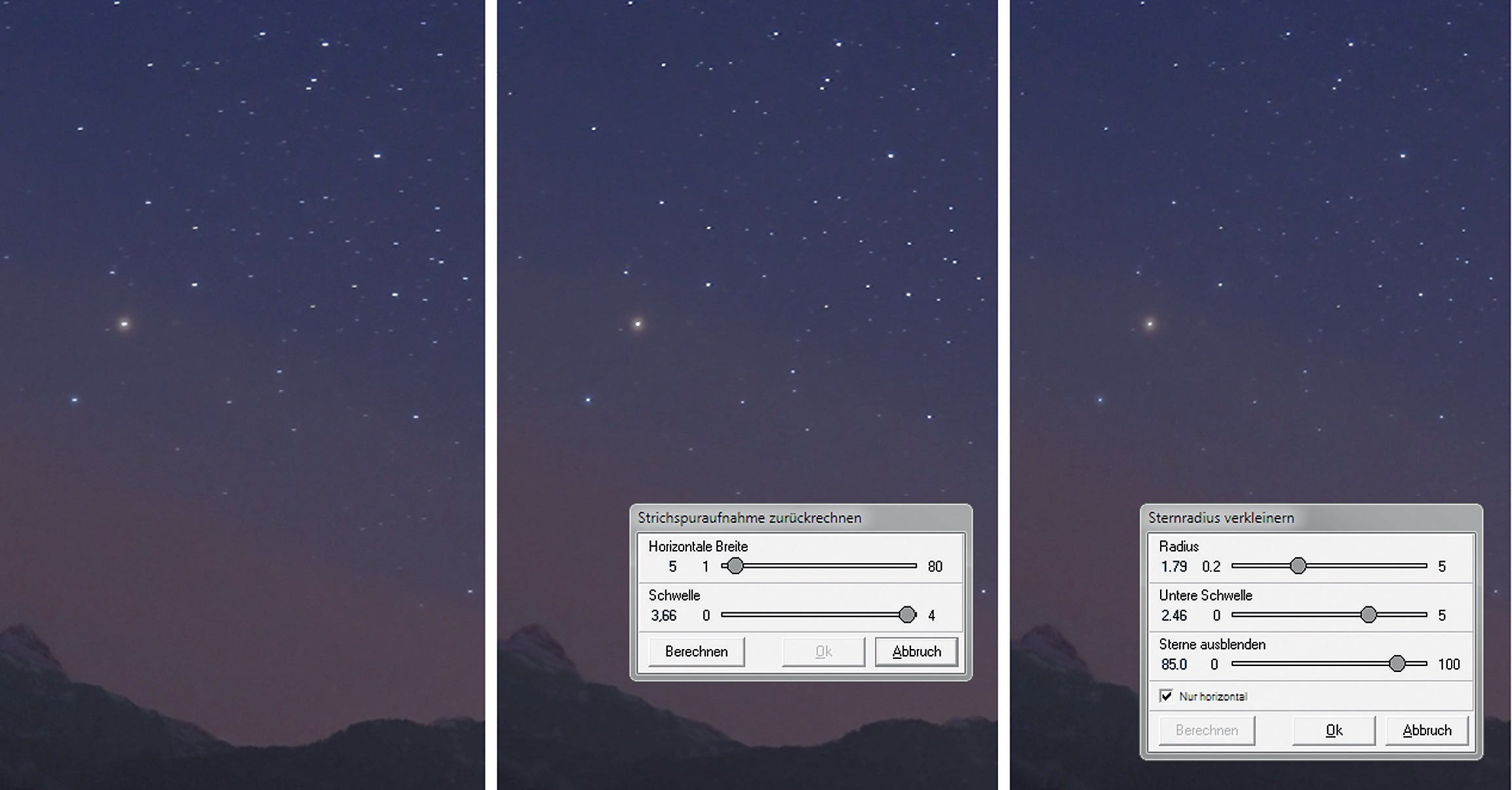 Zdjęcie gwiazdozbioru Skorpiona nad Alpami (po lewej). Na zmniejszonym zdjęciu wciąż wyraźnie widać zniekształcone gwiazdy. Zdjęcie na środku pokazuje efekt funkcji "Przekalkulowanie śladów" z wybranymi ustawieniami. Po prawej widać ustawienia i wynik funkcji "Zmniejsz gwiazdy". M.Weigand