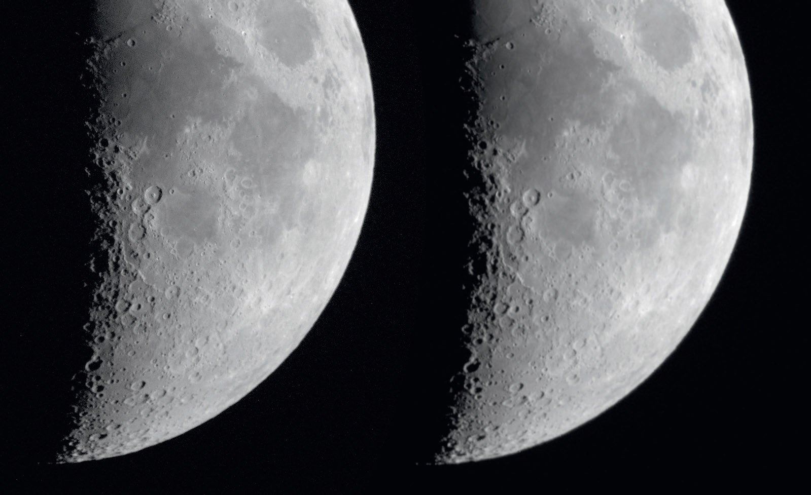 Efekt działania reduktora można bardzo dobrze zobrazować na przykładzie bardzo krótkich ekspozycji Księżyca. Po lewej zdjęcie Księżyca przy f/12,4 a po prawej z reduktorem przy f/6,7 z tym samym czasem ekspozycji i aperturą. Zdjęcie wykonane z reduktorem zostało powiększone aby wyrównać skalę obrazu. M. Weigand