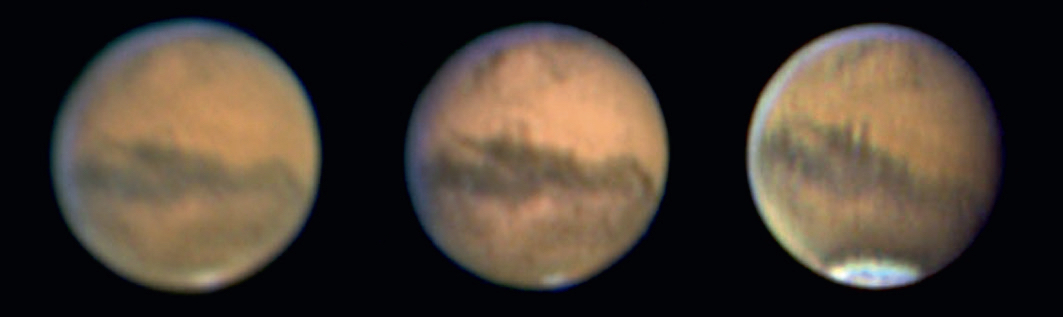 Przykład zastosowania filtra IR-pass: w roku 2003 Mars widoczny był bardzo nisko nad horyzontem. Przy słabym seeingu (po lewej) obraz jest bardzo nieostry. Metoda IR-RGB (pośrodku) zapewnia wyraźniejsze struktury albedo, ale wciąż nie jest to jakość obrazu RGB przy lepszym seeingu (po prawej). Wszystkie zdjęcia wykonano za pomocą teleskopu Maksutowa 150mm. Mario Weigand