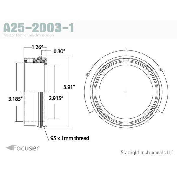 Starlight Instruments Adapter 2.5" - 95x1mm Male Thread, 0.9" L (This is our FTF25 Series Teflon-Coupled Collar)