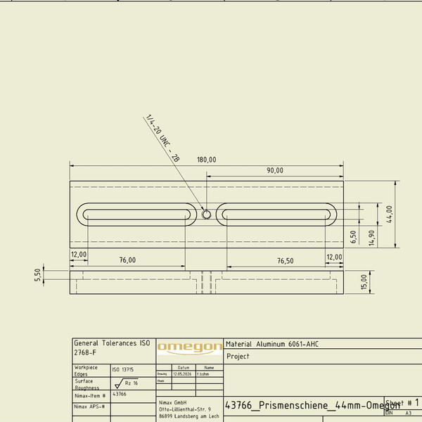 Omegon 180mm Szyna pryzmowa ze śrubą