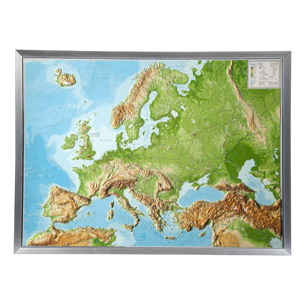 Georelief Europa klein, 3D Reliefkarte mit Kunststoffrahmen