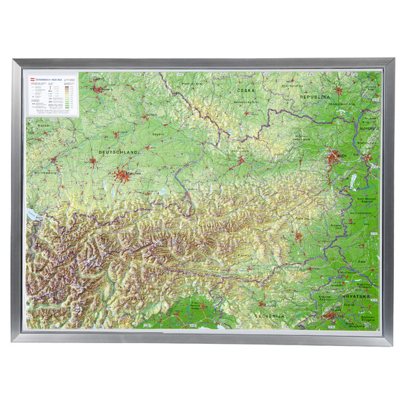 Georelief Austria, mapa plastyczna 3D, duża, w oprawie aluminiowej
