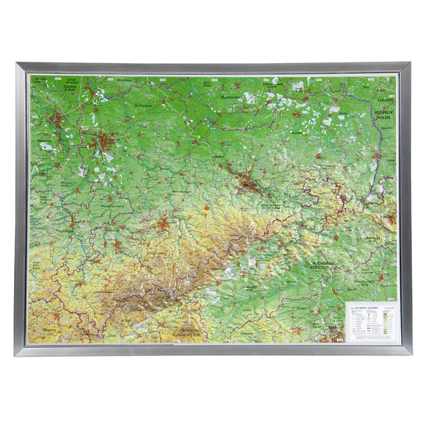 Georelief Saksonia, mapa plastyczna 3D, duża, w oprawie aluminiowej