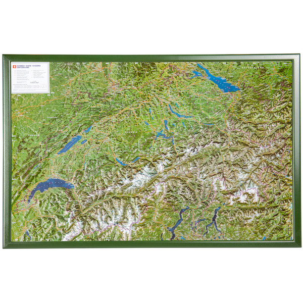 Georelief Mapa Szwajcaria z lotu ptaka (zdjęcie lotnicze), w oprawie drewnianej