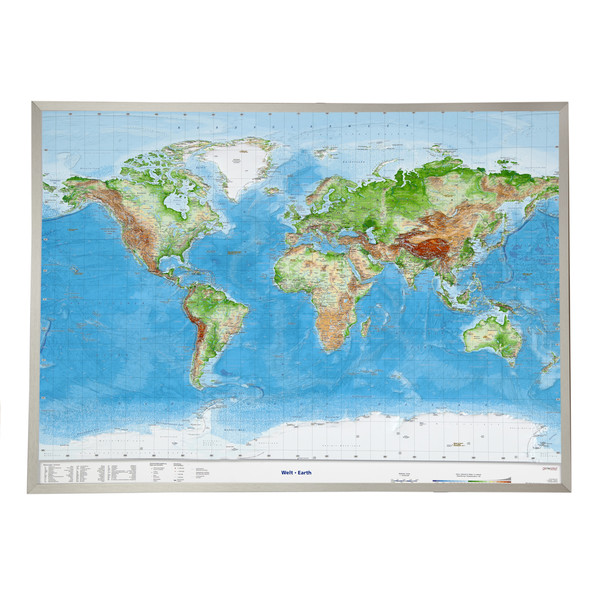 Georelief Świat, mapa plastyczna 3D, duża, w oprawie aluminiowej