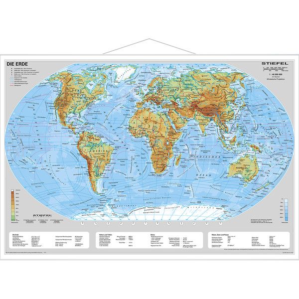Stiefel Mapa świata Ziemia, fizyczna, z metalowymi listwami