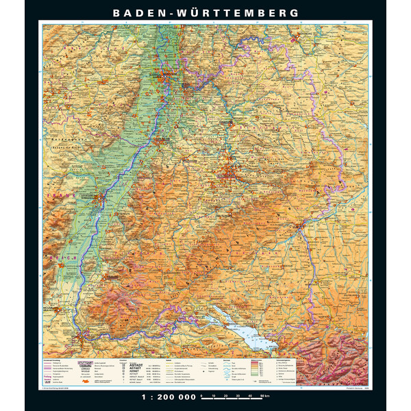 PONS Mapa regionalna Baden-Württemberg physisch/politisch (148 x 168 cm)