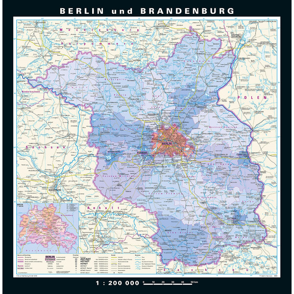 PONS Mapa regionalna Berlin-Brandenburg physisch/politisch (148 x 150 cm)