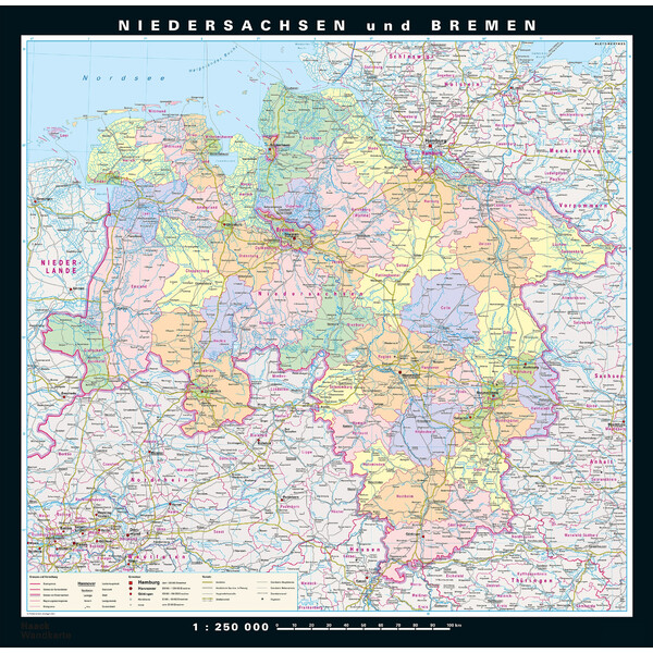 PONS Mapa regionalna Niedersachsen und Bremen physisch/politisch (148 x 150 cm)