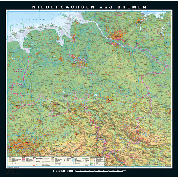 PONS Mapa regionalna Niedersachsen und Bremen physisch/politisch (148 x 150 cm)
