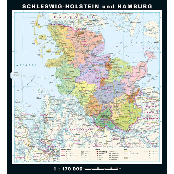 PONS Mapa regionalna Schleswig-Holstein und Hamburg physisch/politisch (148 x 175 cm)