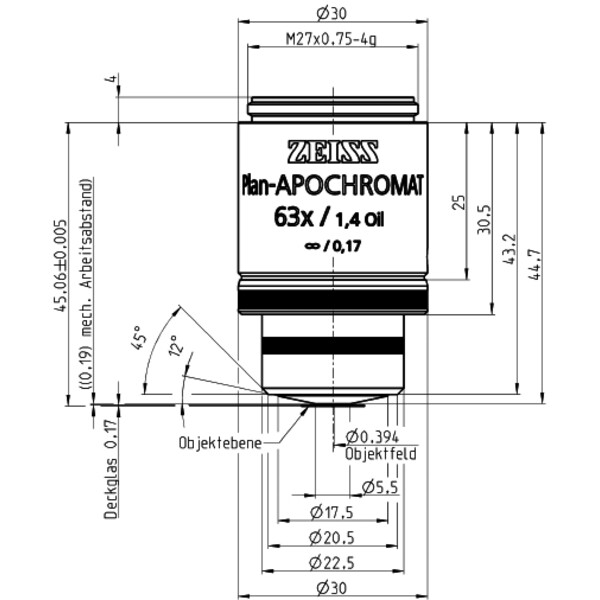 ZEISS Obiektyw Objektiv Plan-Apochromat,  incl. 100 cover glasses,63x/1,4 Oil incl. wd=0,19mm