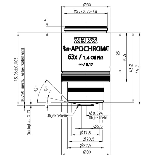 ZEISS Objektiv Plan-Apochromat,  Ph3  incl. 100 cover glasses,63x/1,4 Oil wd=0,19mm