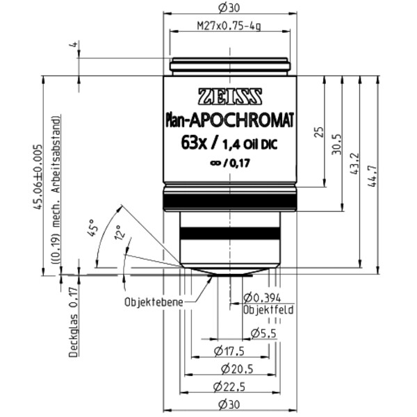 ZEISS Objektiv Plan-Apochromat, DIC  incl. 100 cover glasses, 63x/1,4 Oil wd=0,19mm