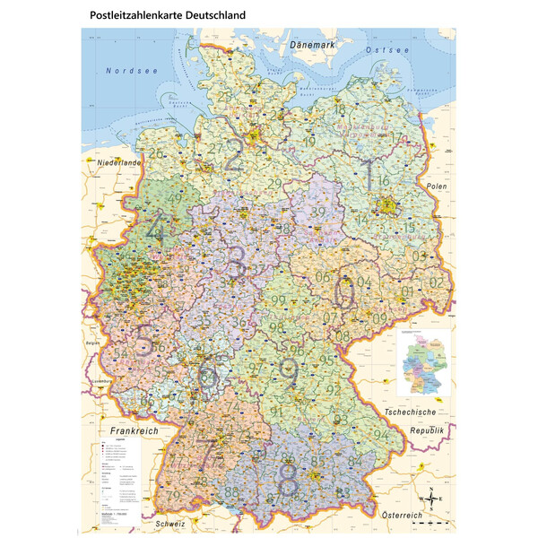 GeoMetro Mapa Deutschland politisch mit Postleitzahlen PLZ XL (100 x 140 cm)