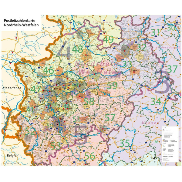 GeoMetro Mapa regionalna Nordrhein-Westfalen Postleitzahlen PLZ NRW (118 x 100 cm)