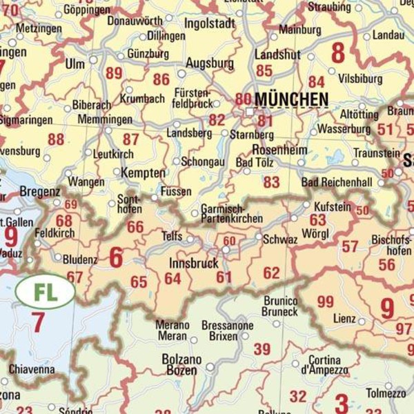 Bacher Verlag Mapa kodów pocztowych, Europa