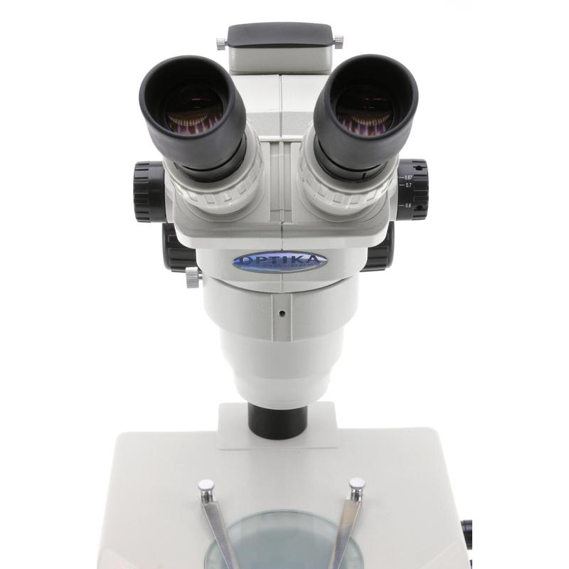 Optika   Mikroskop binokularowy zoom stereo SZR-5, podstawa z oświetleniem, 1 lampka