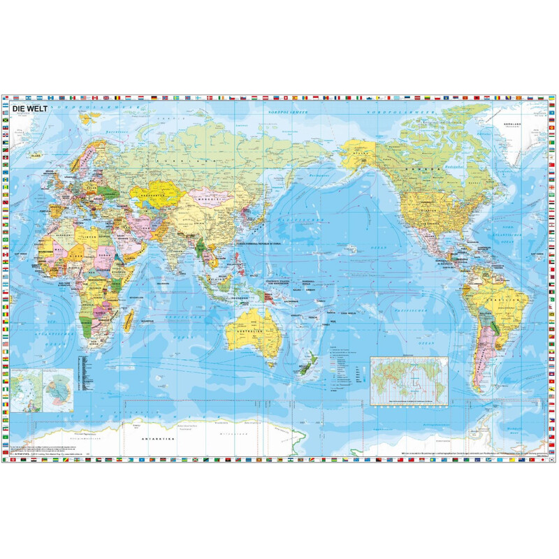 Stiefel Mapa świata politisch pazifikzentriert mit Flaggenrand (98 x 68 cm)