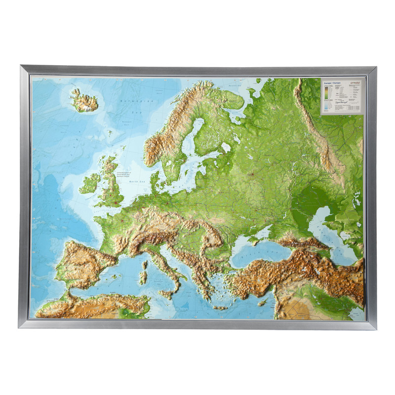 Georelief Europa klein, 3D Reliefkarte mit Kunststoffrahmen