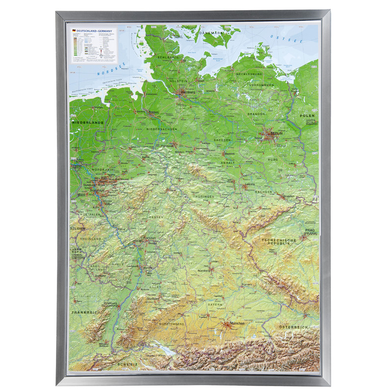 Georelief Niemcy, mapa plastyczna 3D, duża, w oprawie aluminiowej
