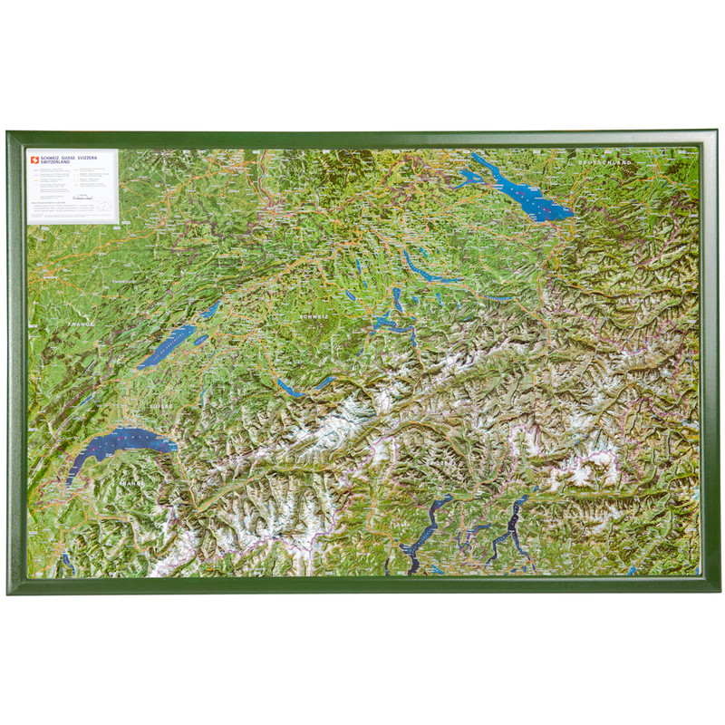 Georelief Mapa Szwajcaria z lotu ptaka (zdjęcie lotnicze), w oprawie drewnianej