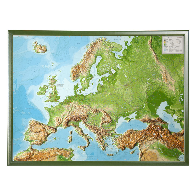 Georelief Europa, mapa geoplastyczna 3D, duża, w oprawie drewnianej