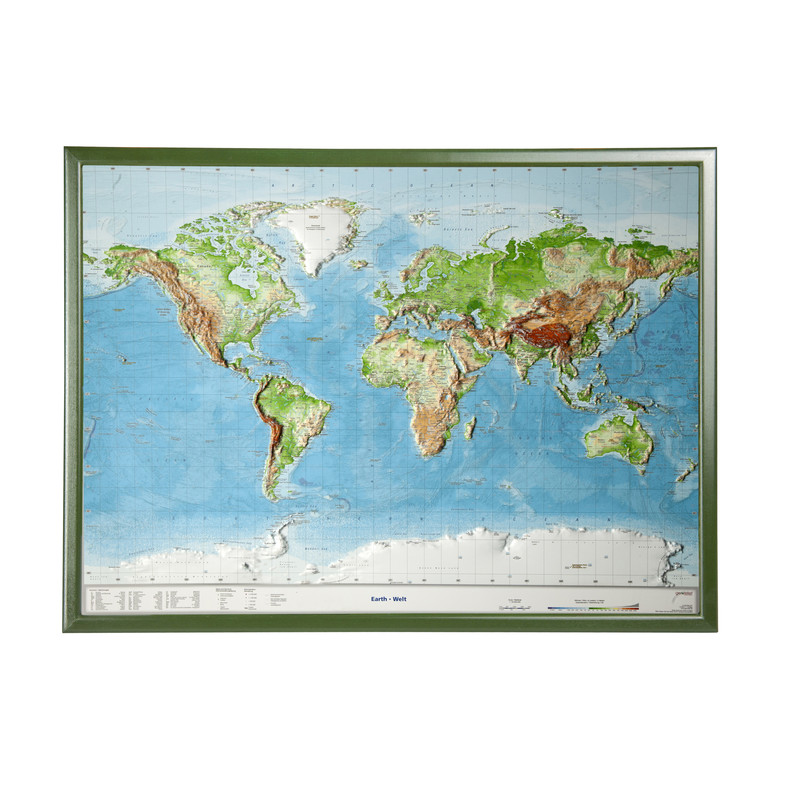 Georelief Świat, mapa geoplastyczna 3D, duża, w oprawie drewnianej