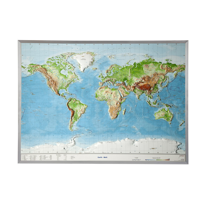 Georelief Świat, mapa geoplastyczna 3D, duża, w oprawie aluminiowej