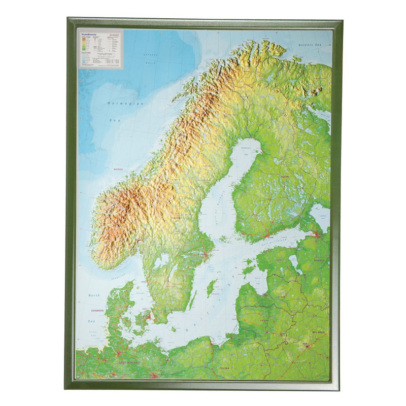 Georelief Skandynawia, mapa reliefowa 3D, duża, ze srebrną ramą z tworzywa sztucznego