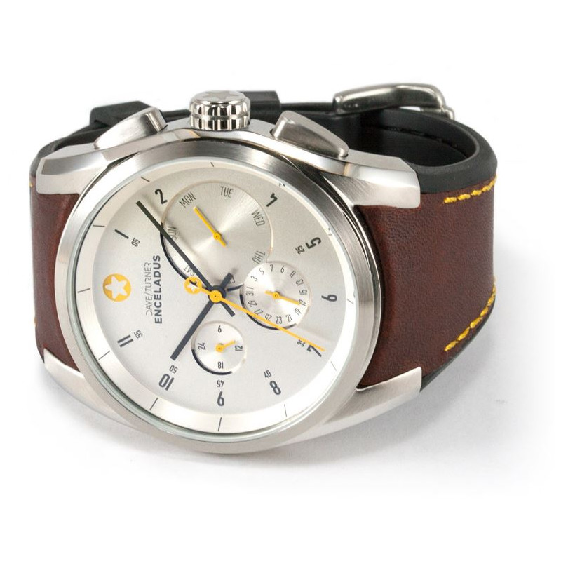 DayeTurner ENCELADUS Zegarek analogowy męski, srebrny, pasek skórzany jasnobrązowy