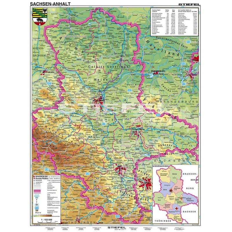 Stiefel Mapa regionalna Sachsen-Anhalt physisch