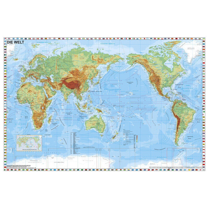 Stiefel Mapa świata Welt physisch pazifikzentriert mit Flaggenrand (98x68)