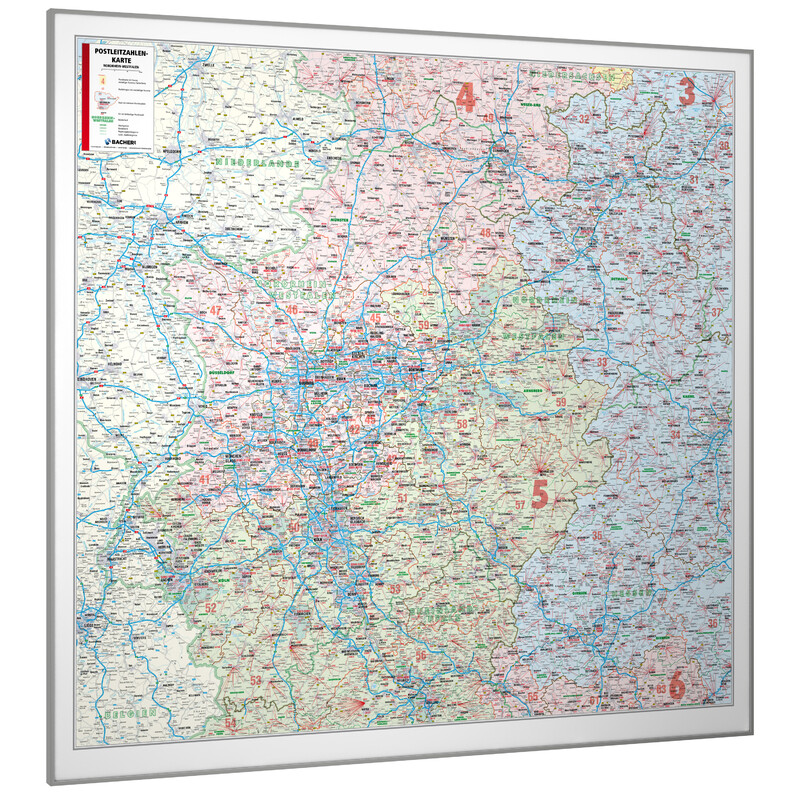 Bacher Verlag Mapa regionalna Nordrhein-Westfalen mit Postleitzahlen (152 x 150 cm)