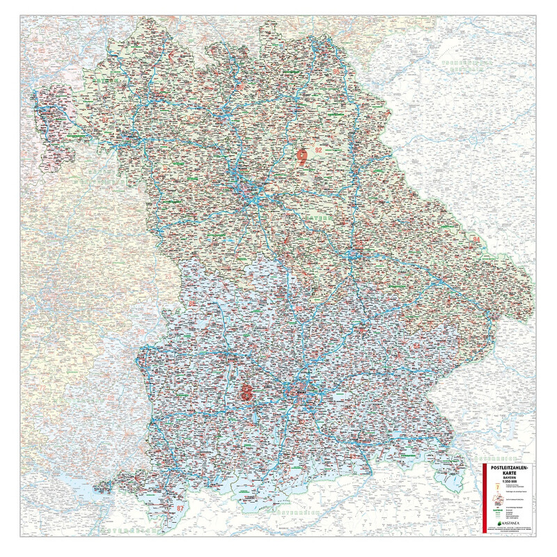 Kastanea Mapa regionalna Postleitzahlenkarte Bayern (110 x 112 cm)