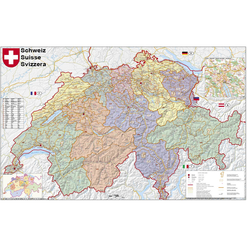 Stiefel Mapa Schweiz politisch mit Postleitzahlen (95 x 62 cm)