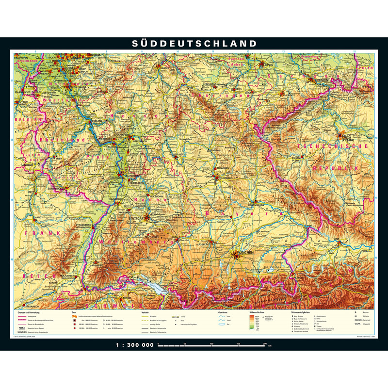 PONS Mapa regionalna Południowe Niemcy fizyczne (243 x 197 cm)