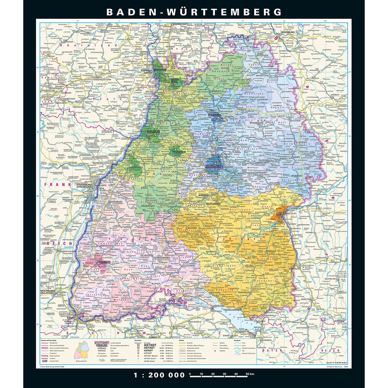 PONS Mapa regionalna Baden-Württemberg physisch/politisch (148 x 168 cm)
