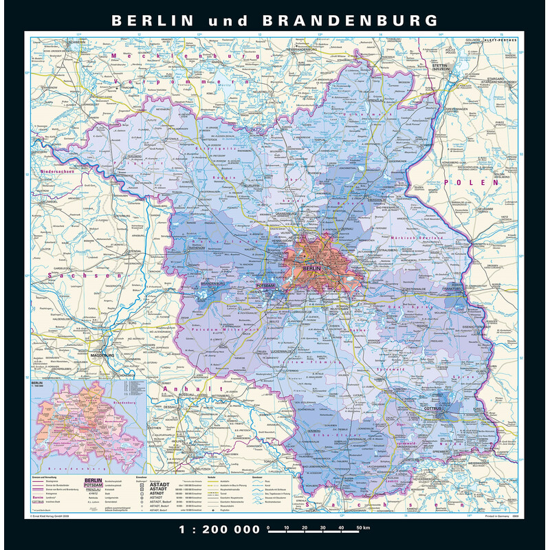 PONS Mapa regionalna Berlin-Brandenburg physisch/politisch (148 x 150 cm)