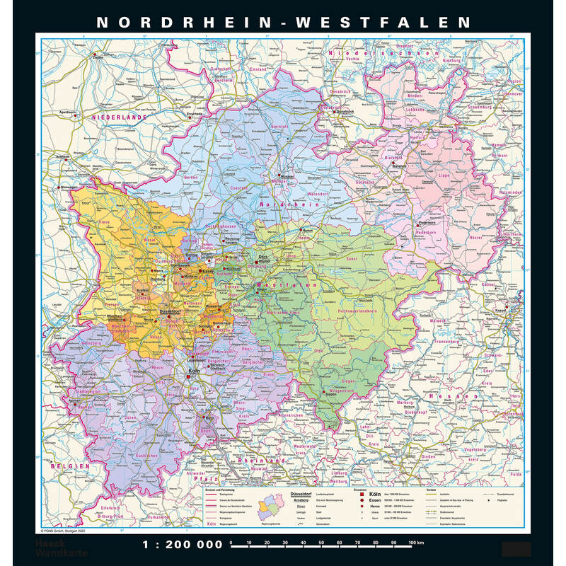 PONS Mapa regionalna Nordrhein-Westfalen physisch/politisch (148 x 155 cm)