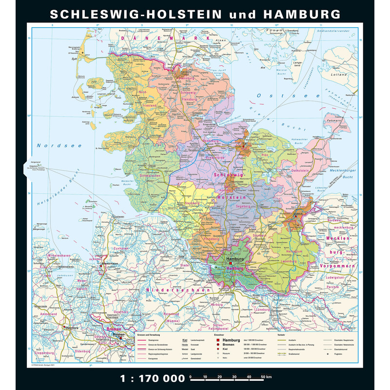 PONS Mapa regionalna Szlezwik-Holsztyn i Hamburg fizyczna i polityczna (148 x 175 cm)