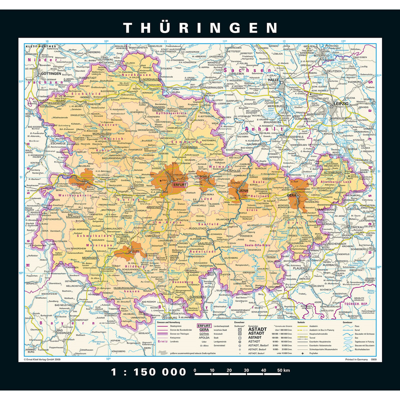PONS Mapa regionalna Thüringen physisch/politisch (148 x 150 cm)