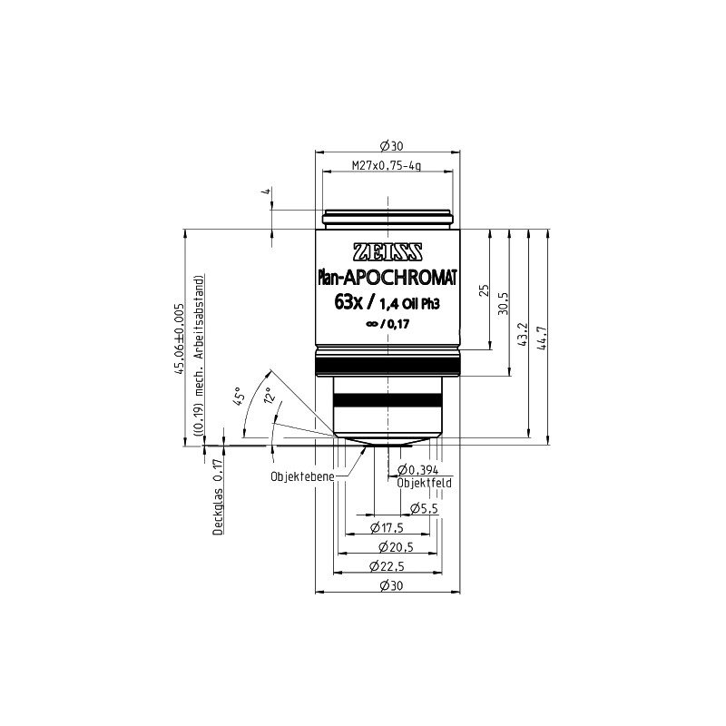 ZEISS Objektiv Plan-Apochromat,  Ph3  incl. 100 cover glasses,63x/1,4 Oil wd=0,19mm