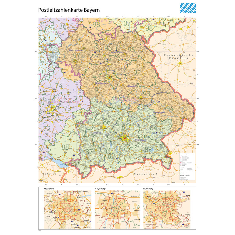GeoMetro Mapa regionalna Bayern Postleitzahlen PLZ (100 x 140 cm)