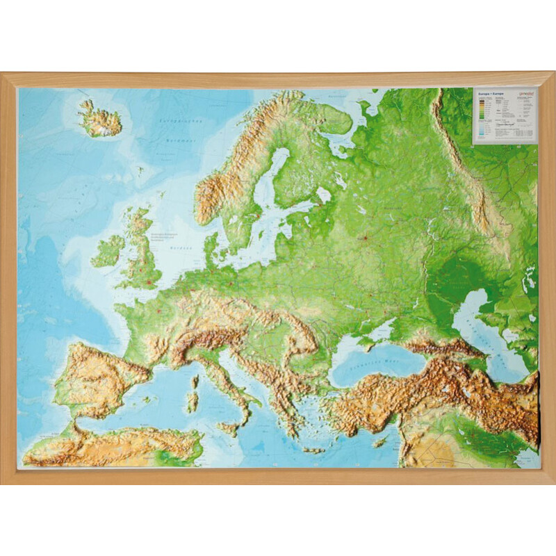 Georelief Europa, mapa plastyczna 3D, duża, w oprawie drewnianej
