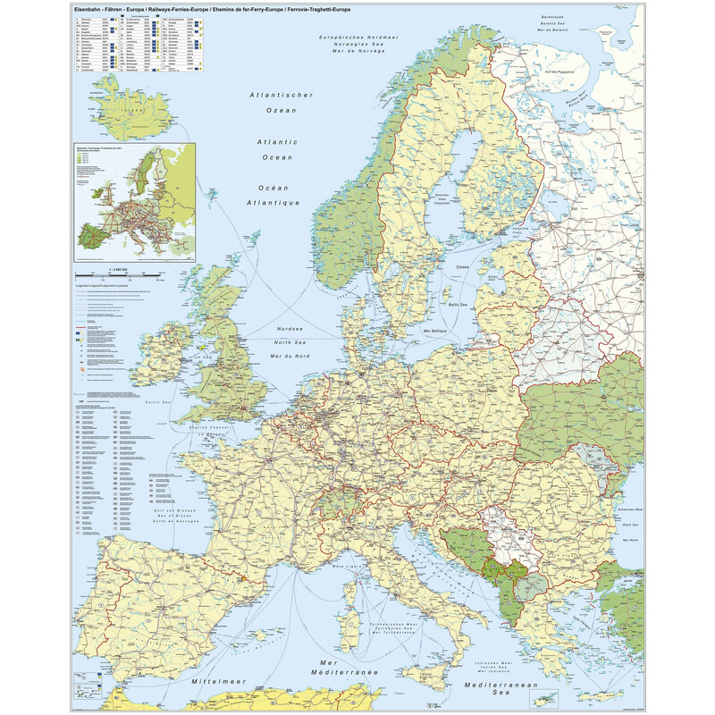 Stiefel Mapa kontynentalna Europa: Eisenbahn und Fähren (97 x 119 cm)